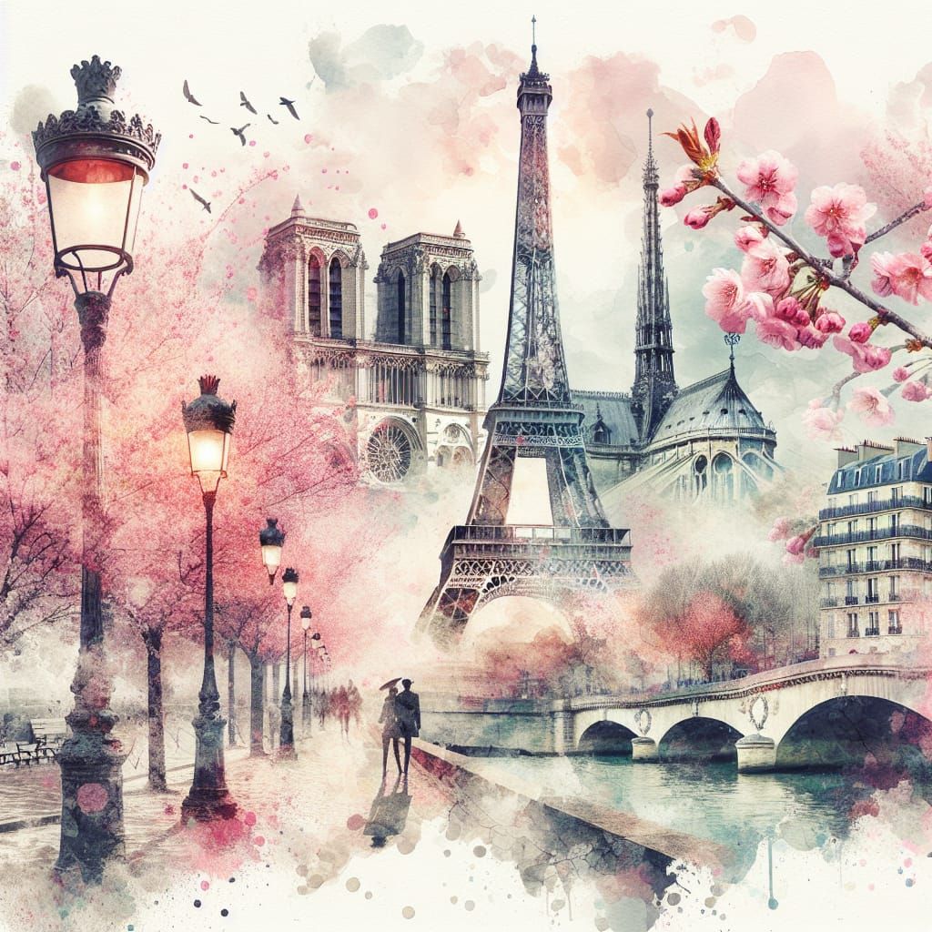 Eiffel Tower Double Exposure in Watercolor Style