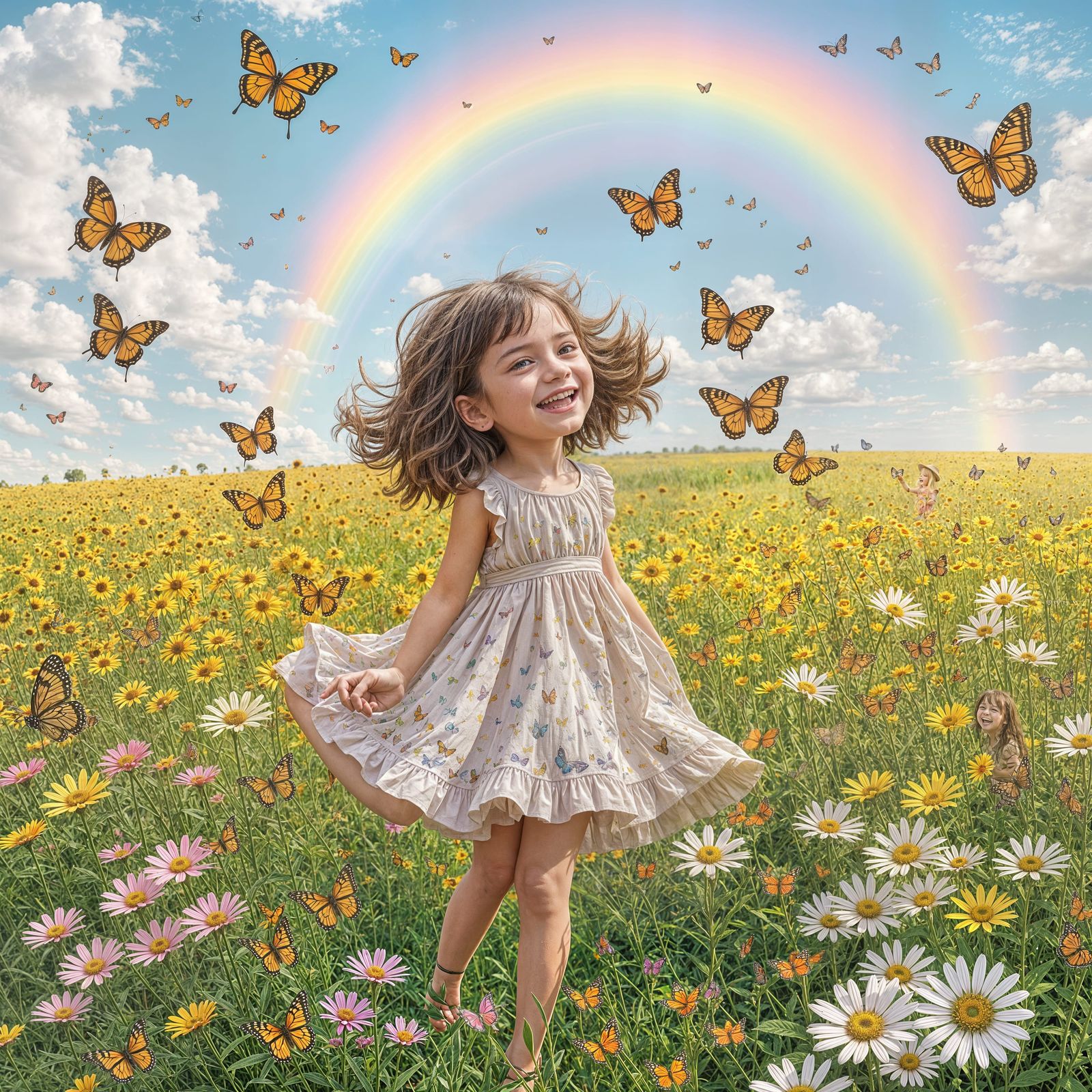 Girl's Joyful Encounter with Butterflies in Summer Field