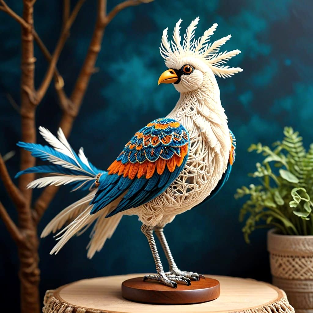 Exotic Bird Folk Art Sculpture in Vibrant Macrame Style