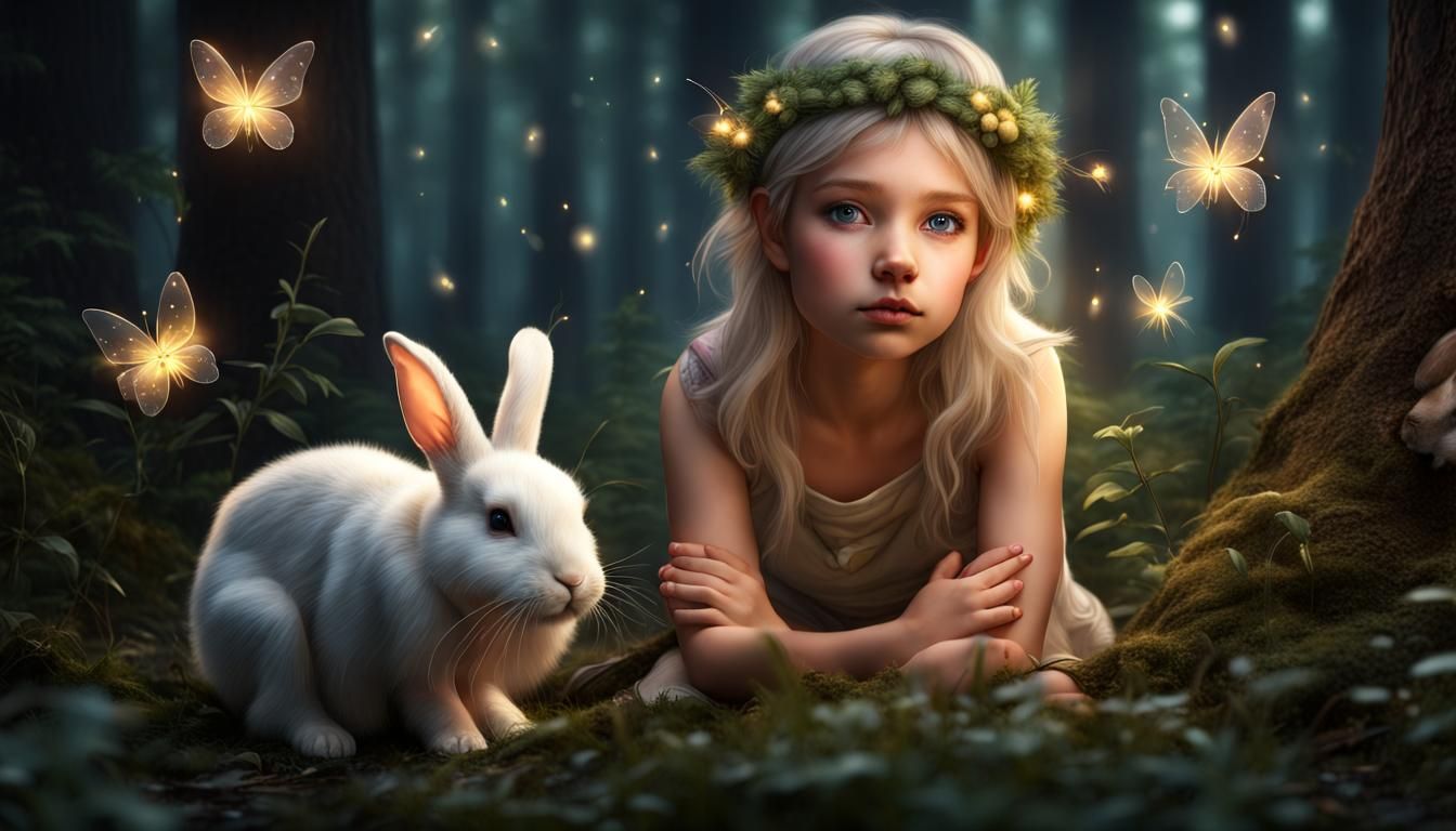 Photorealistic Fairy with Bunny in Forest