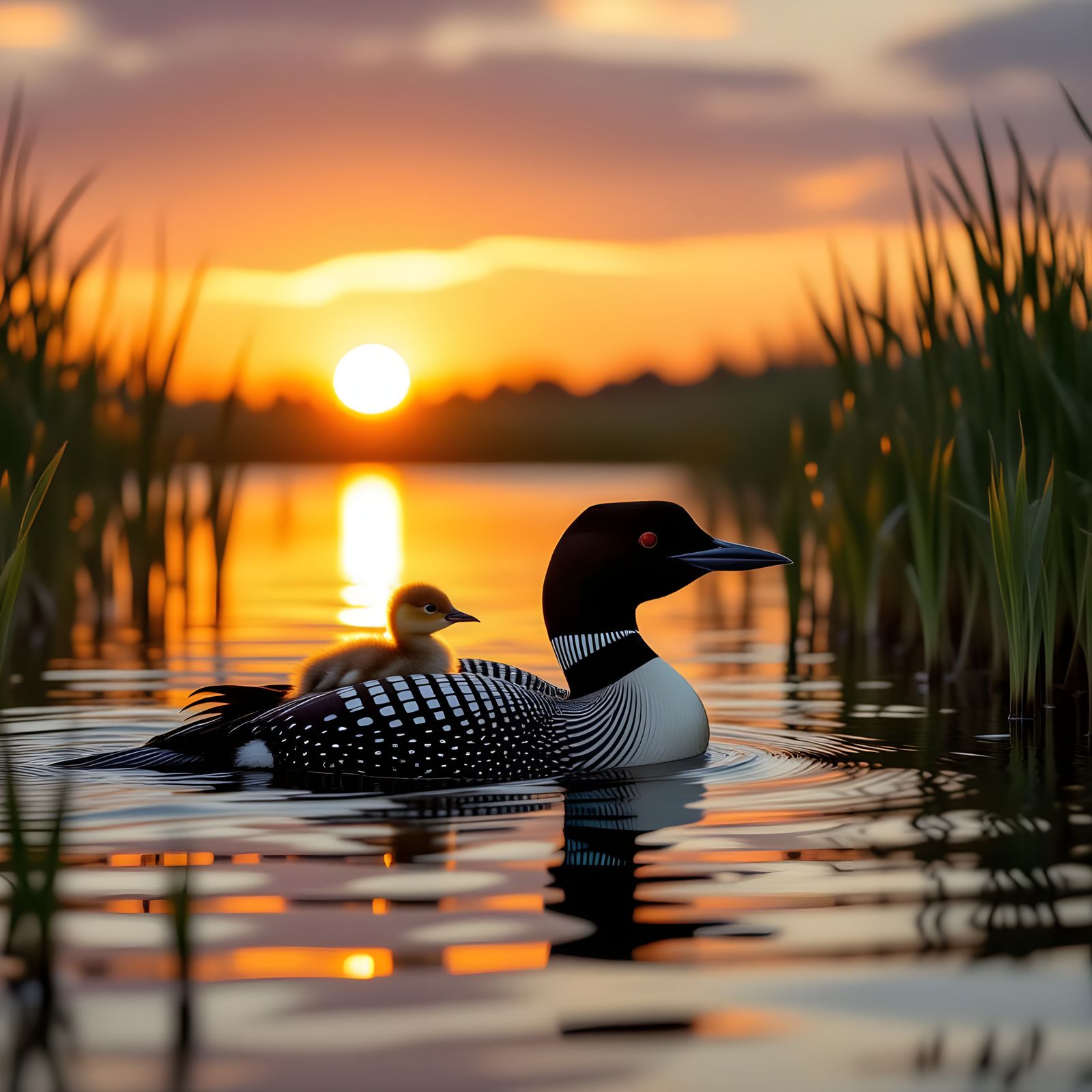 Loon With Chick at Sunset: Cinematic Film Still
