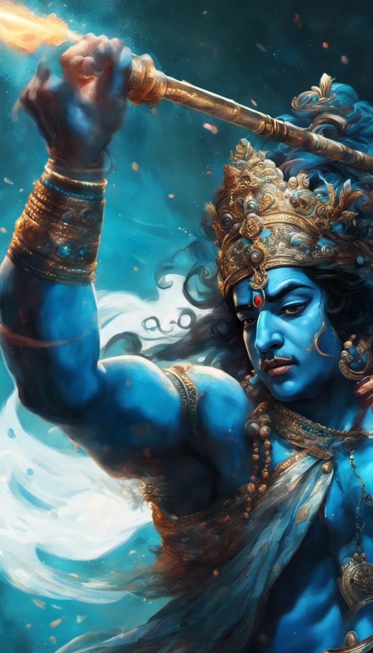 Hindu God Krishna as a fierce warrior wielding spinning criclet  weapon, Hyperrealistic, splash art, concept art, mid sh...