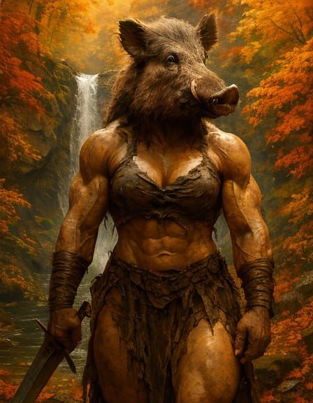 Boar-Headed Warrior Guards Autumn Waterfall