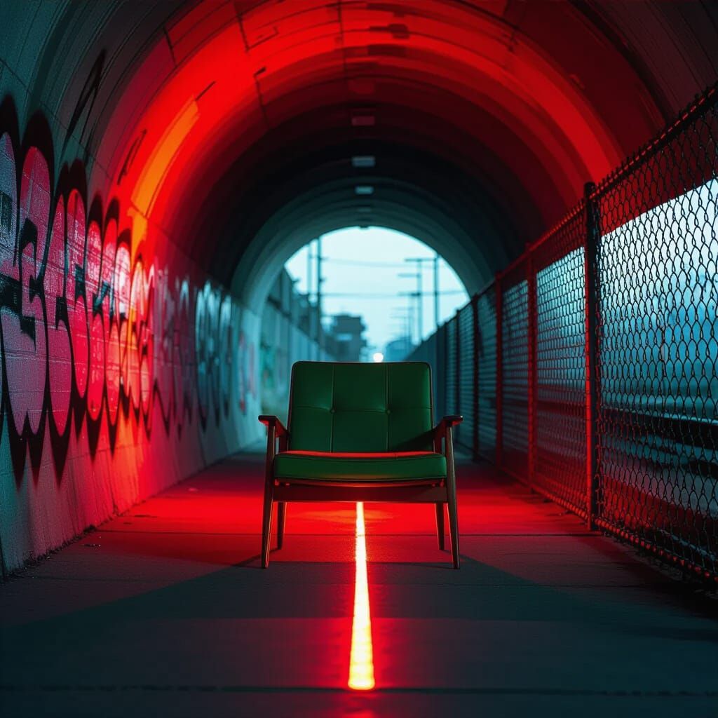 Mid-Century Modern Chair in Urban Tunnel with Red Light