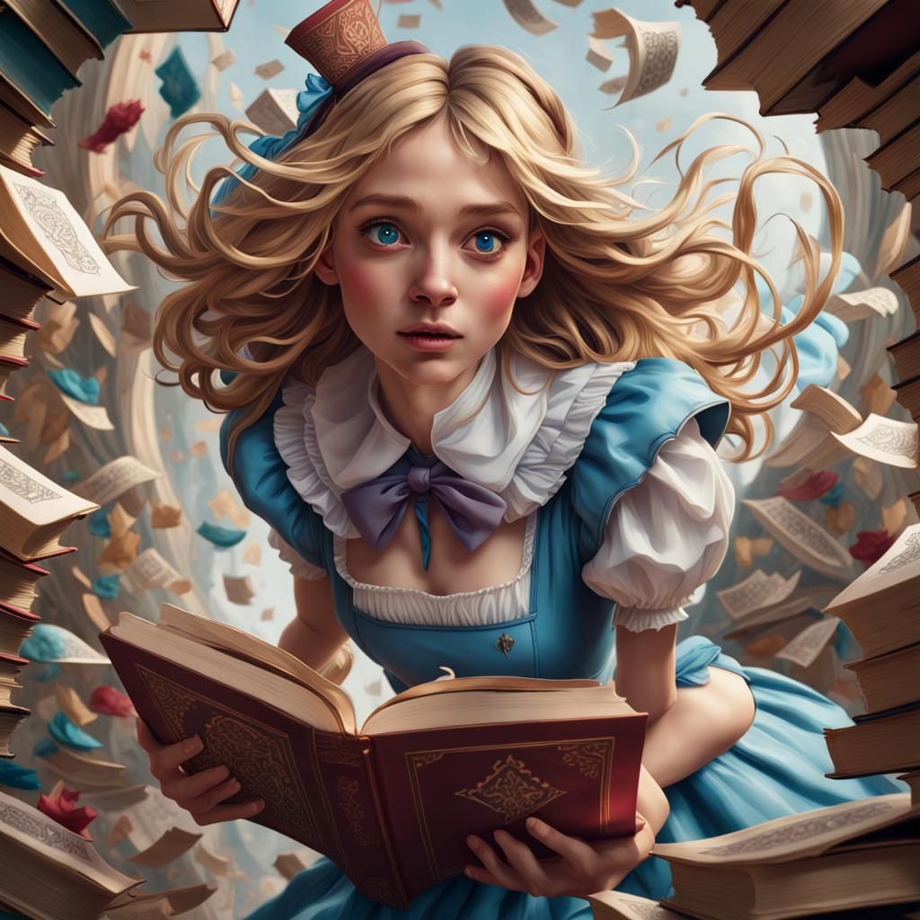 Alice Leaps from Wonderland Book, Hyperdetailed Portrait