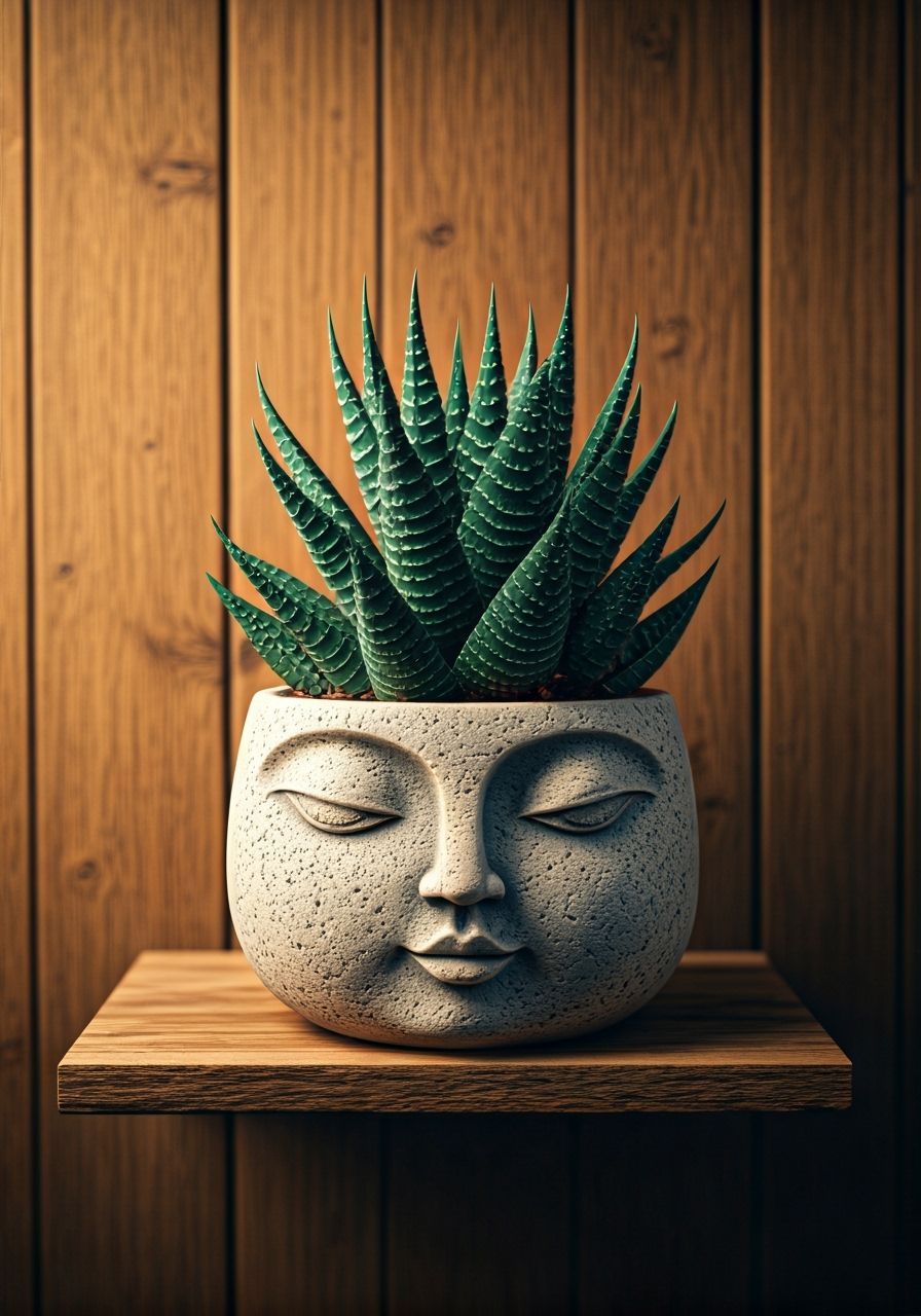 Vibrant Succulent in Face Pot on Rustic Shelf