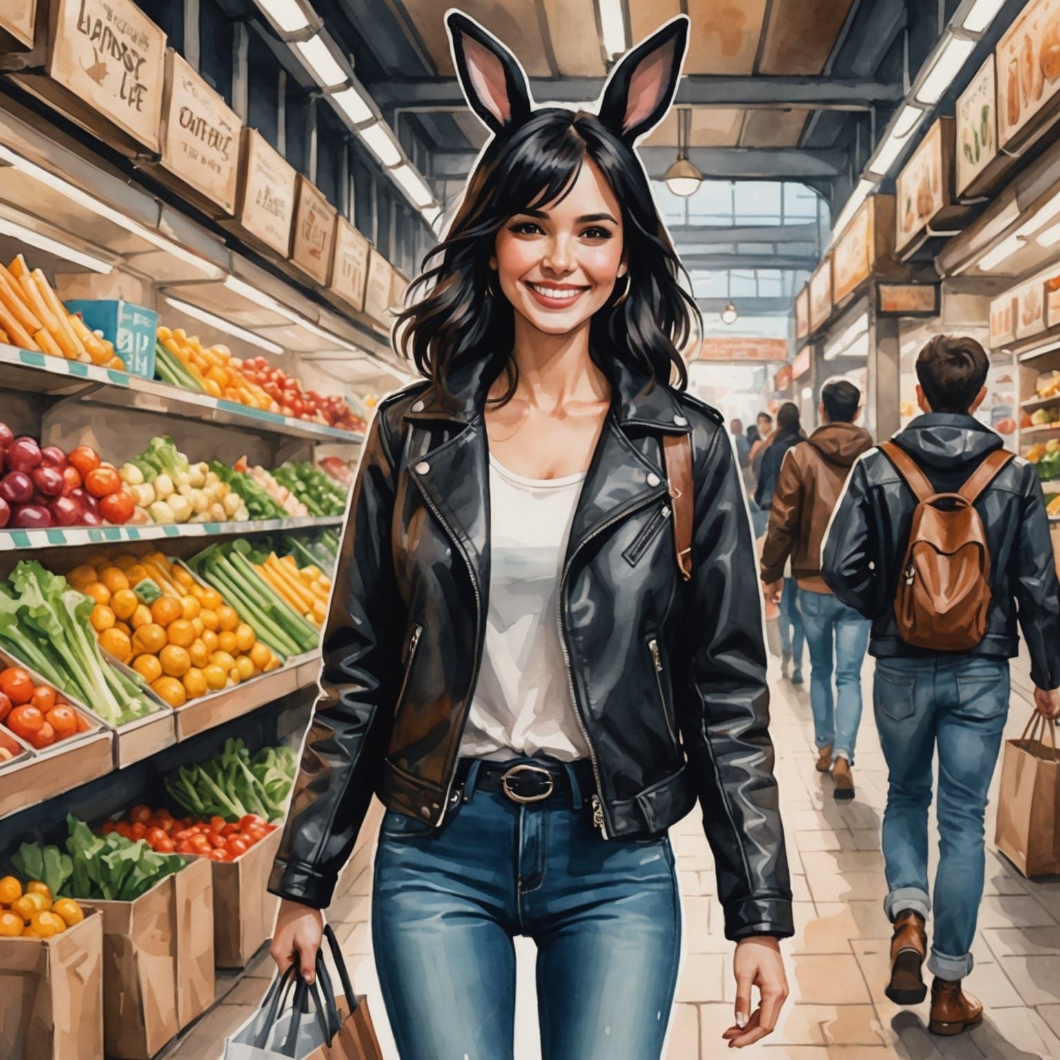 Woman with Rabbit Ears Shopping: Watercolor Style