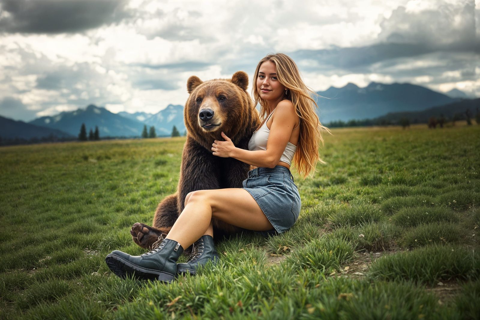 Woman Befriends Bear in Serene Prairie Landscape