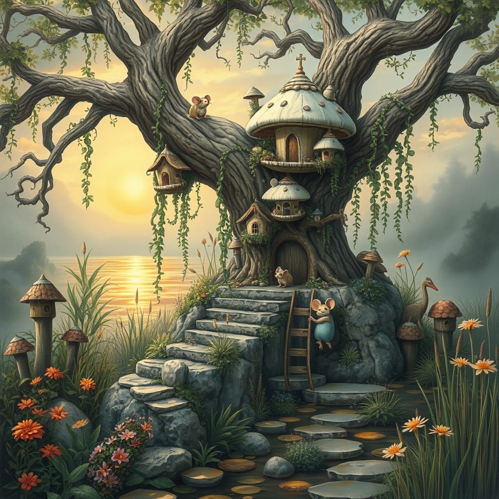 An overgrown weathered gnarly branch holds several mice living in whimsical overgrown mushroom houses in shades of off-w...