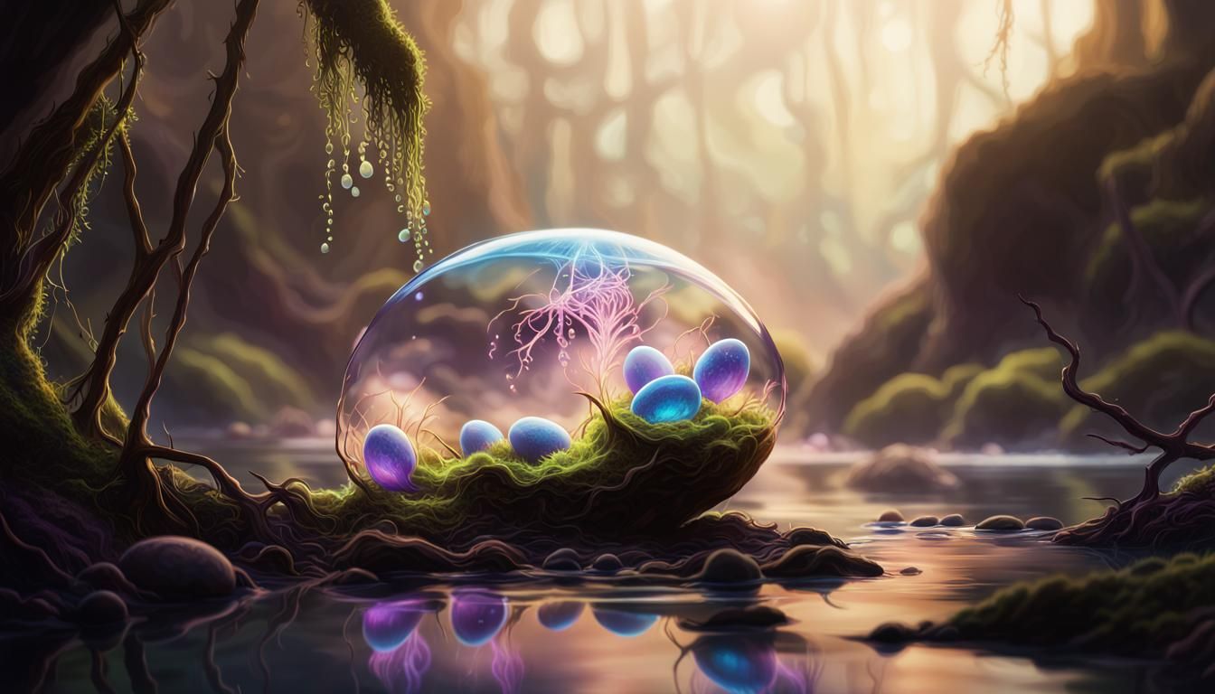 Bioluminescent Cocoons and Embryos in Hyper-Realistic Style