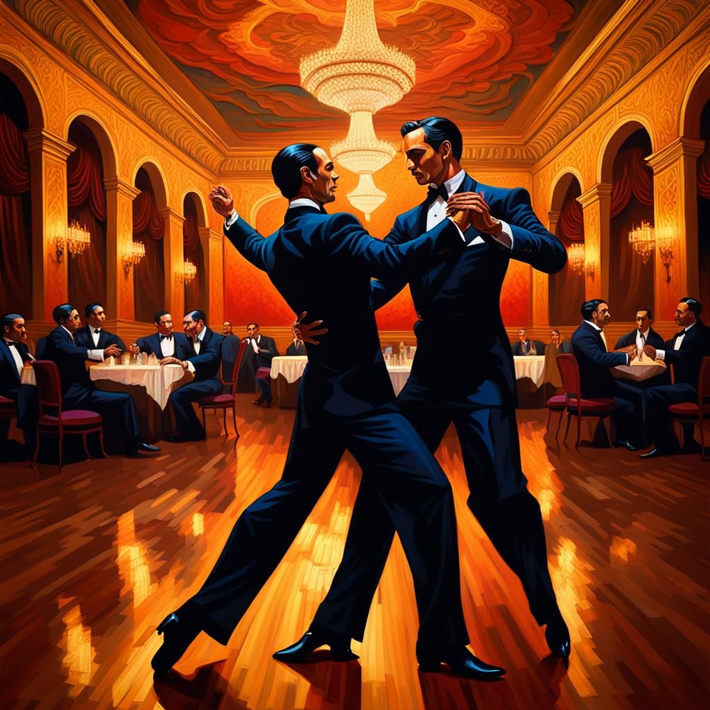 Argentine Tango: Twin Dancers in Fantastical Ballroom