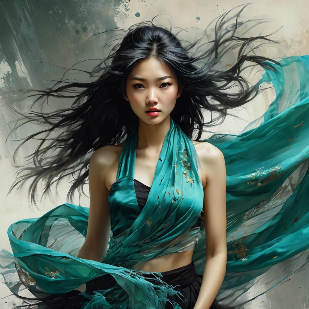 Windy Portrait of Asian Woman in Teal Tulle