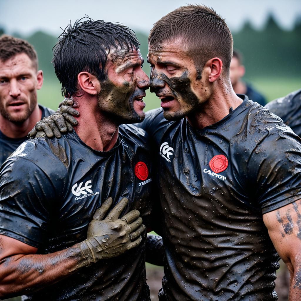 Rugby Players Celebrate with a Kiss
