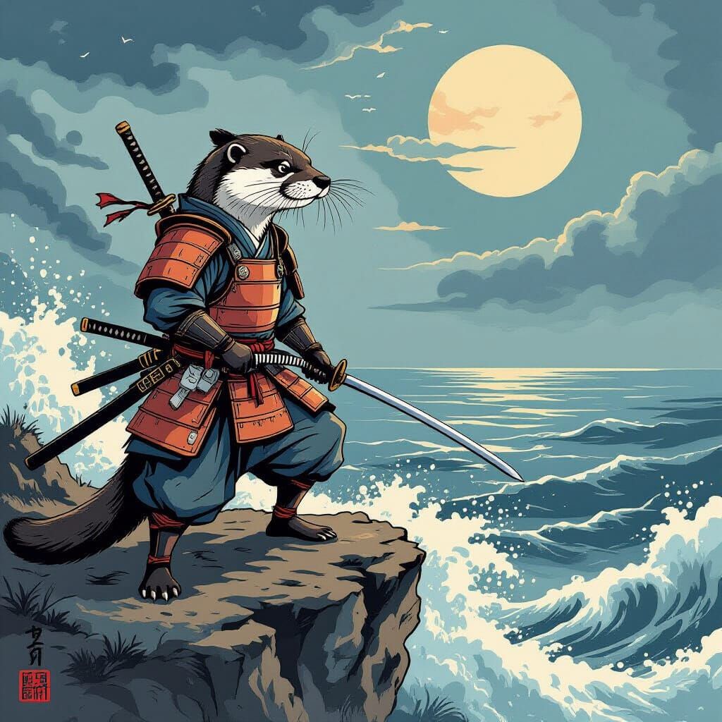 Otter Samurai Warrior on Stormy Cliff Overlooking Sea