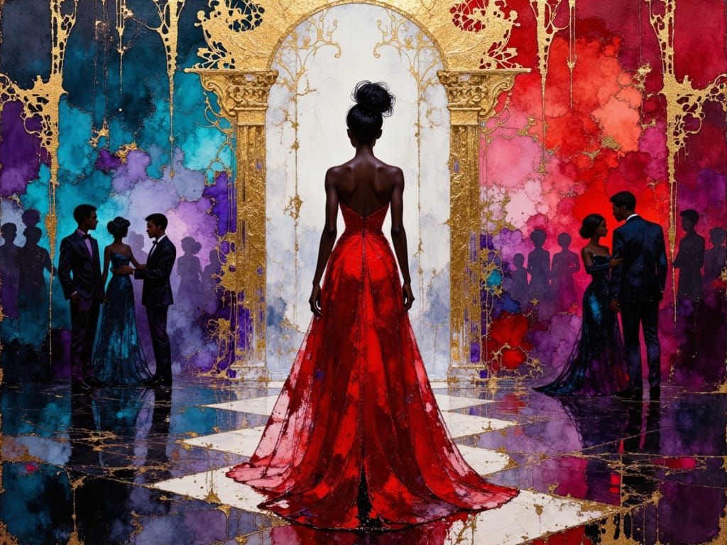 African Woman in Crimson Ballroom Oil Painting