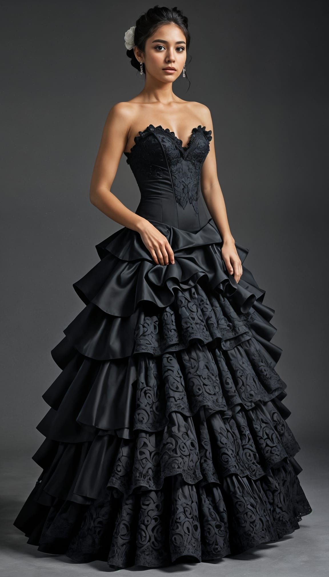 Mexican Woman in Hyper-Realistic Ruffled Ball Gown