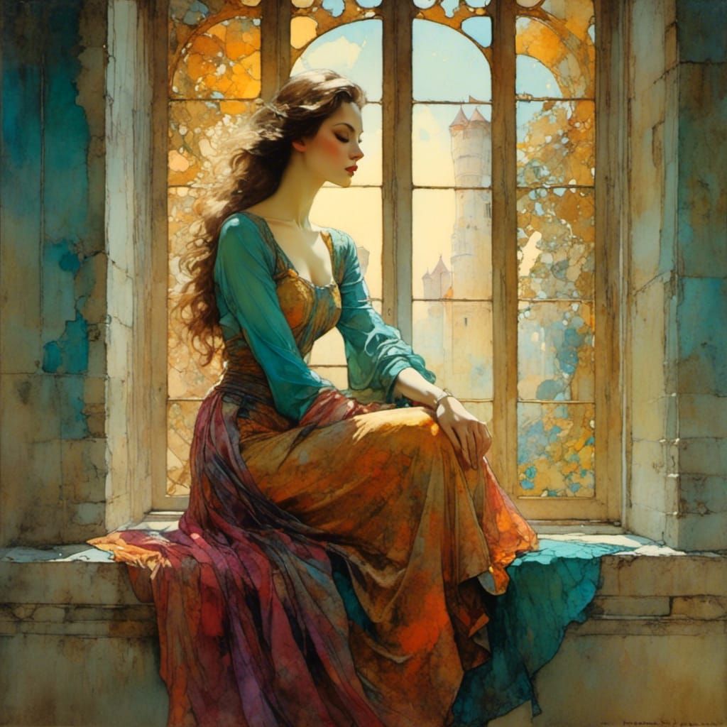 Sad Woman in Castle, Vintage Oil Painting