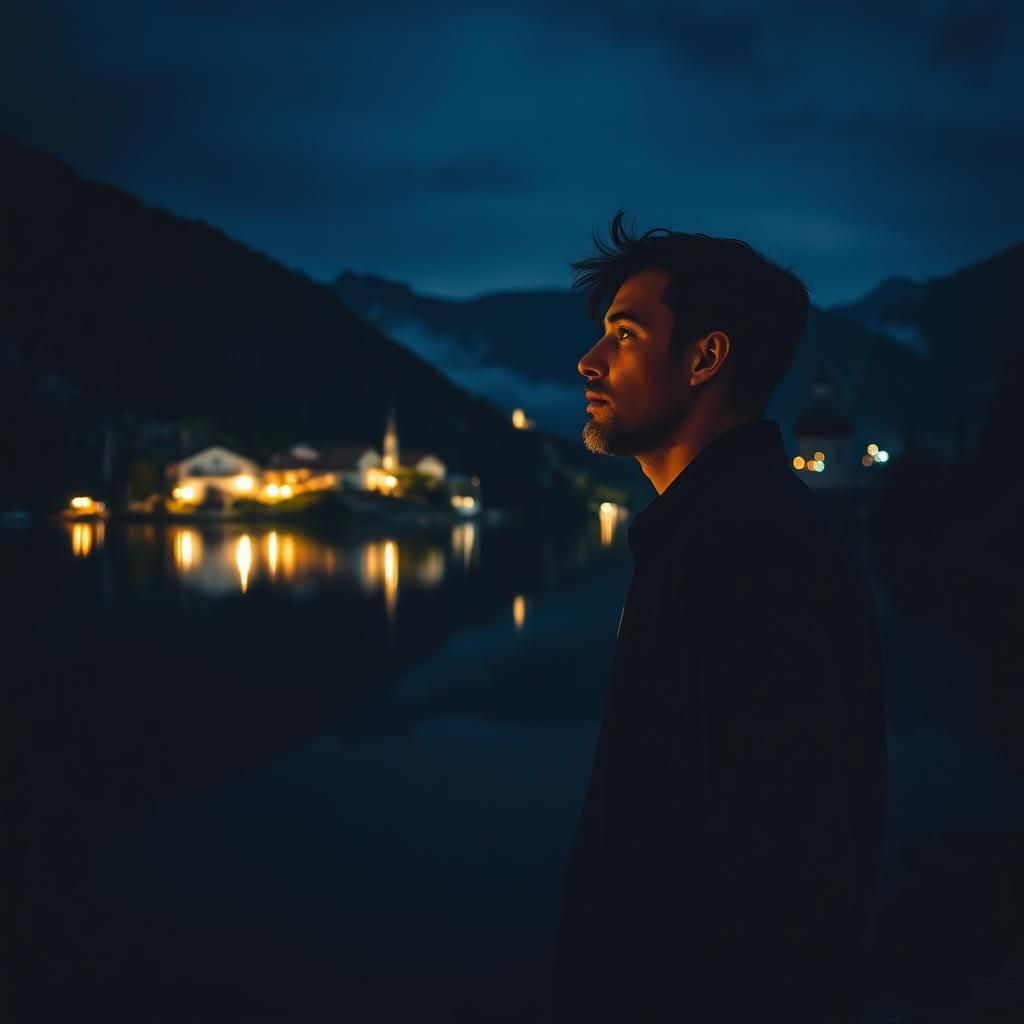 Contemplative Man by Lake at Night