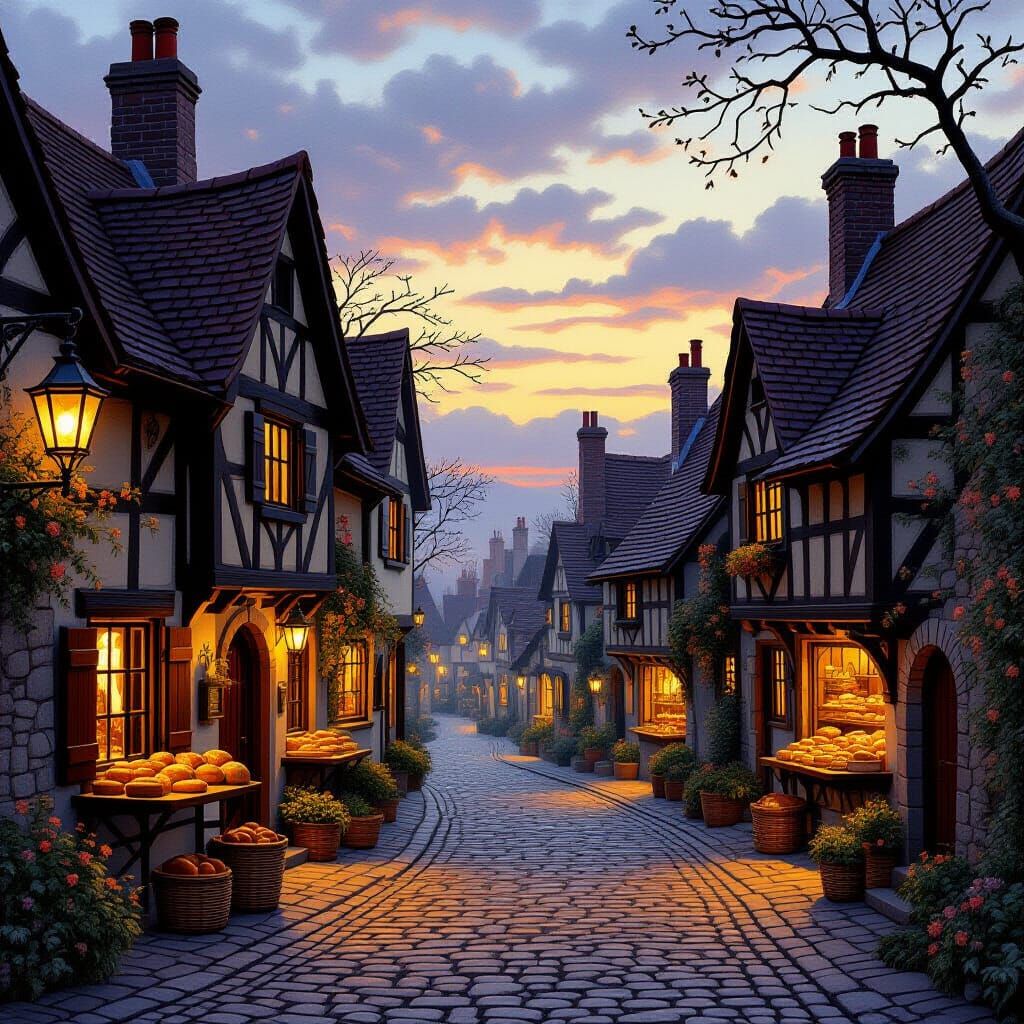 Medieval Village Street at Twilight in Pre-Raphaelite Style