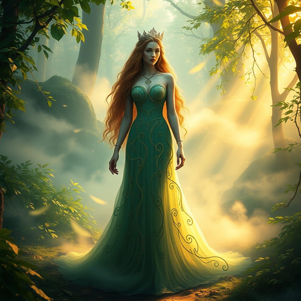 Mystical Goddess of the Earth in Whimsical Forest Landscape