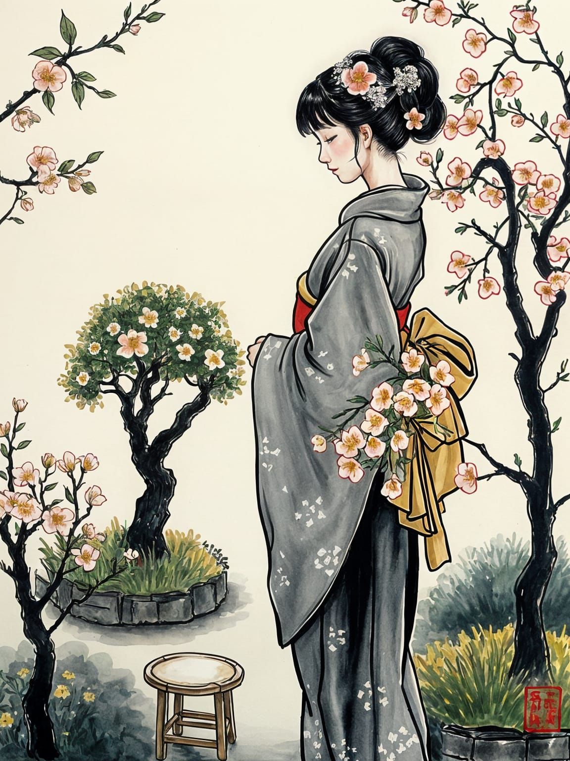 Ethereal Japanese Garden Scene in Van Gogh Style