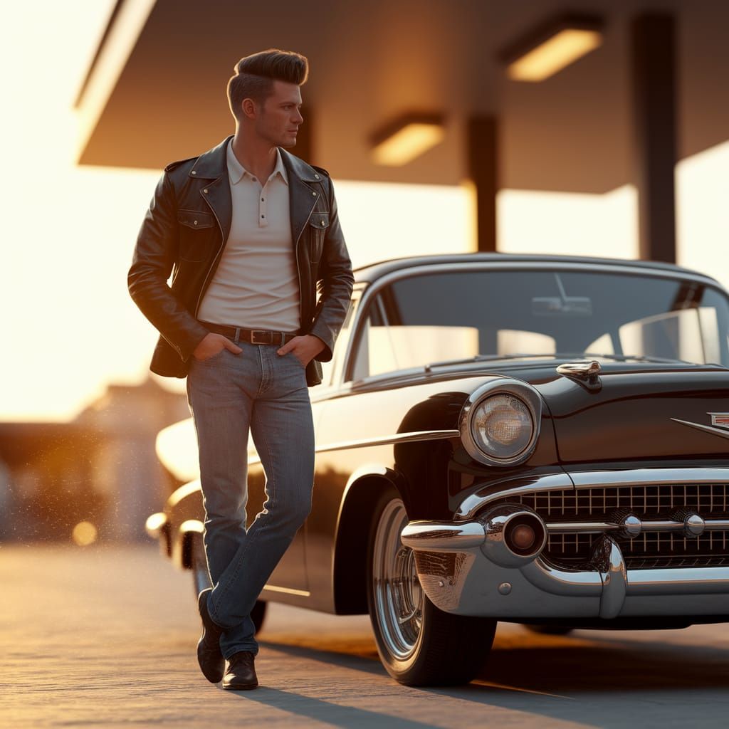 1950s Greaser with Vintage Car in Golden Light