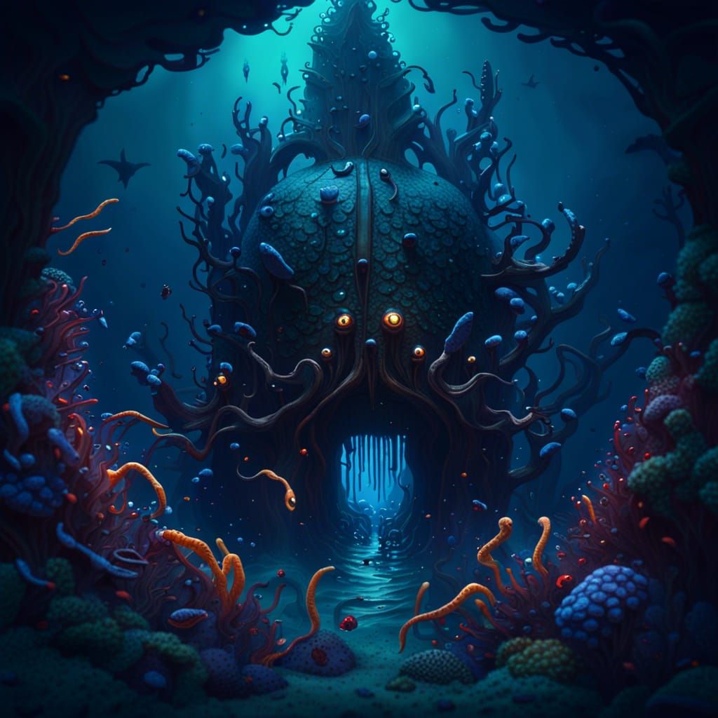 Scary Creature at Ocean Bottom: Fantasy Concept Art