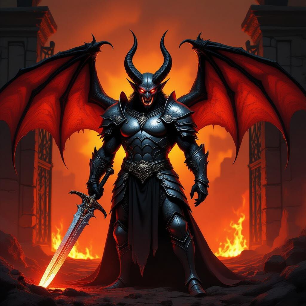 Demon Lord in Silver Armor Before Hell Gates