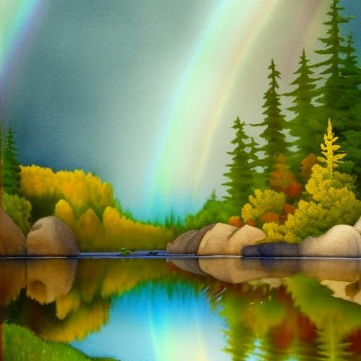 Rainbow Reflection in Lake: Watercolour Illustration