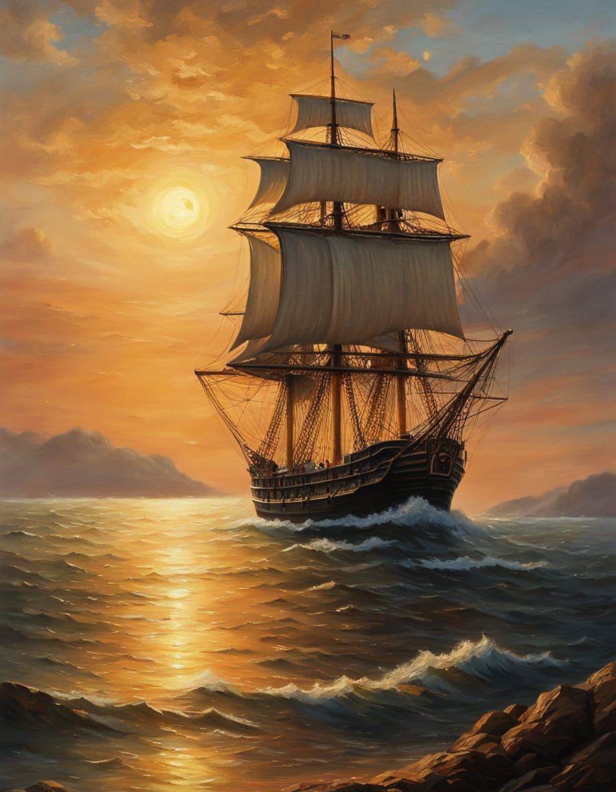 Romantic Sail Ship at Golden Hour Oil Painting