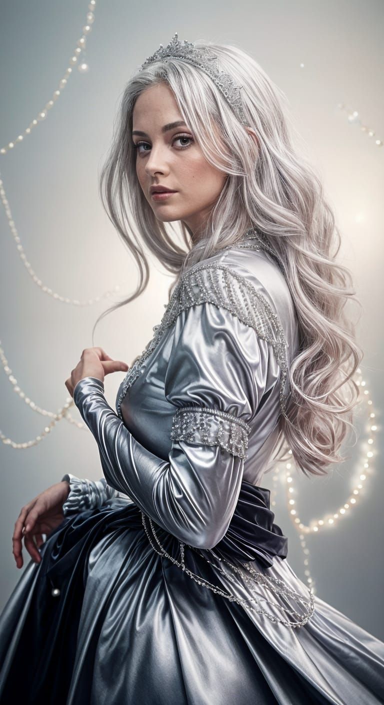 Woman in Silver Metallic Dress with Pearl Accents