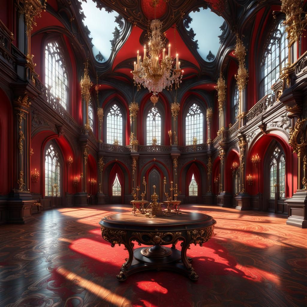 Rococo Gothic Royal Library in Red and Gold
