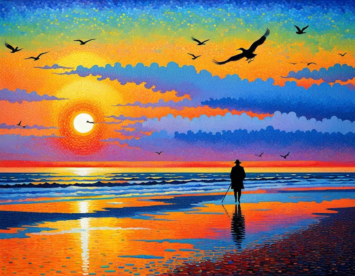 Sunset Beach Walker in Pointillism Style