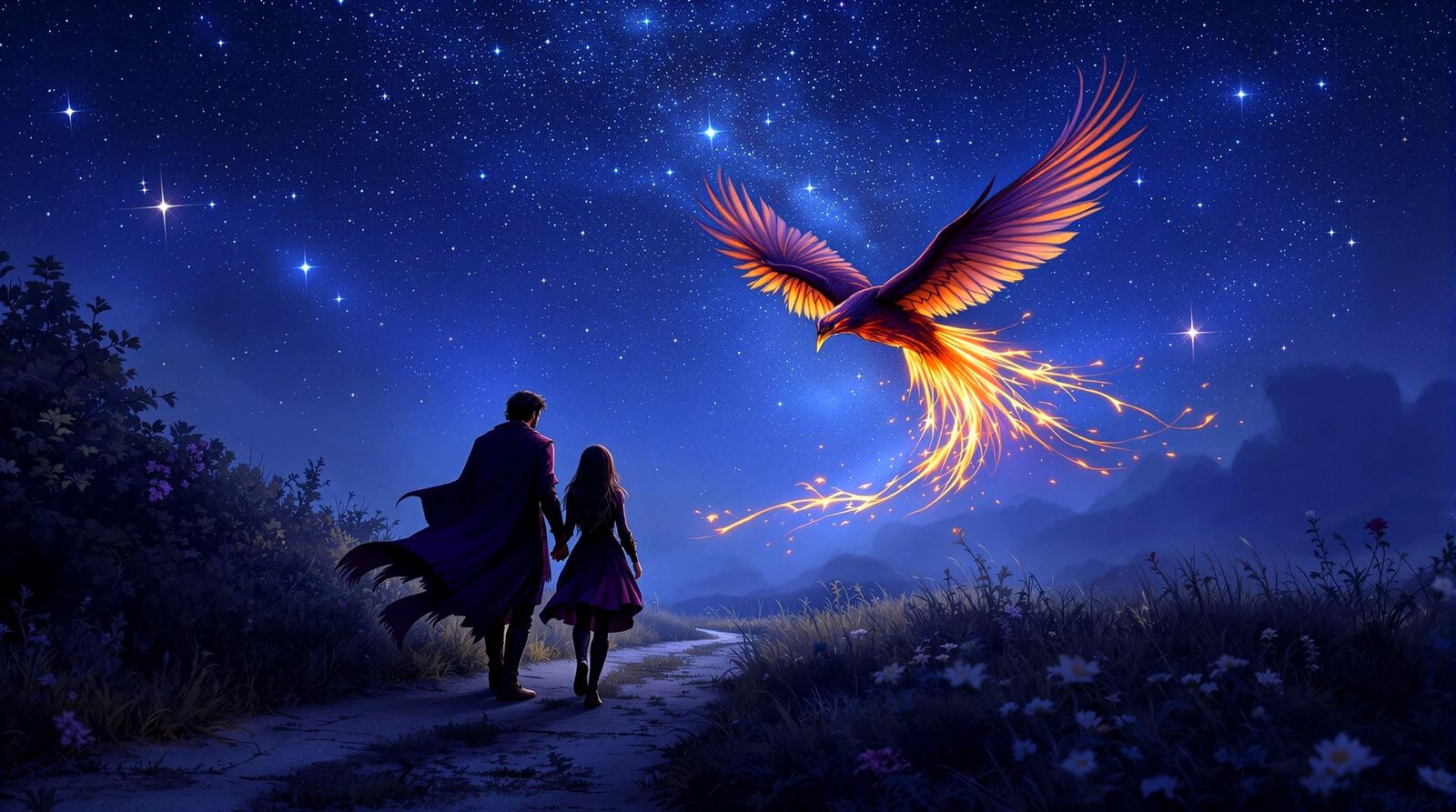 Starry Night Phoenix Descends Upon Lovers in High Fantasy