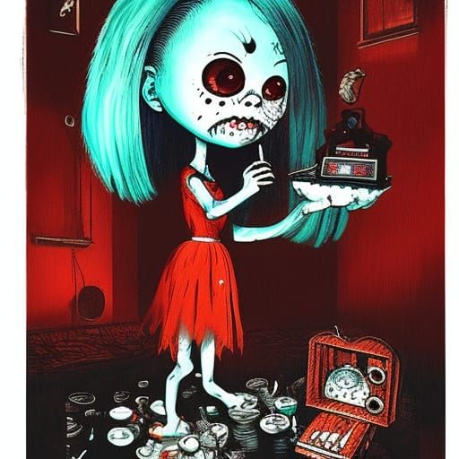 Scary Horror Girl with Music Box, Manga Style