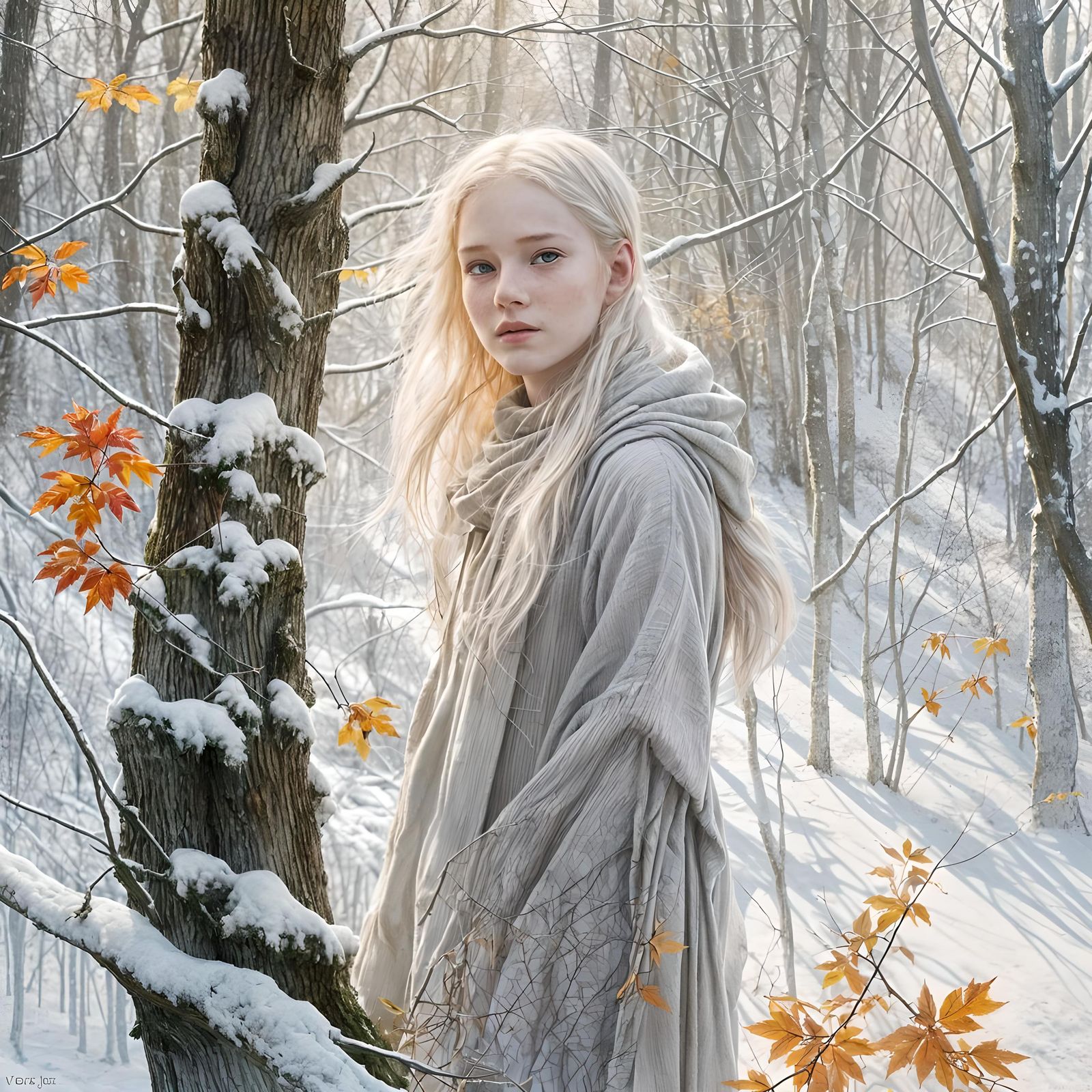 Albino Girl Lost in Snowy Woods Digital Painting
