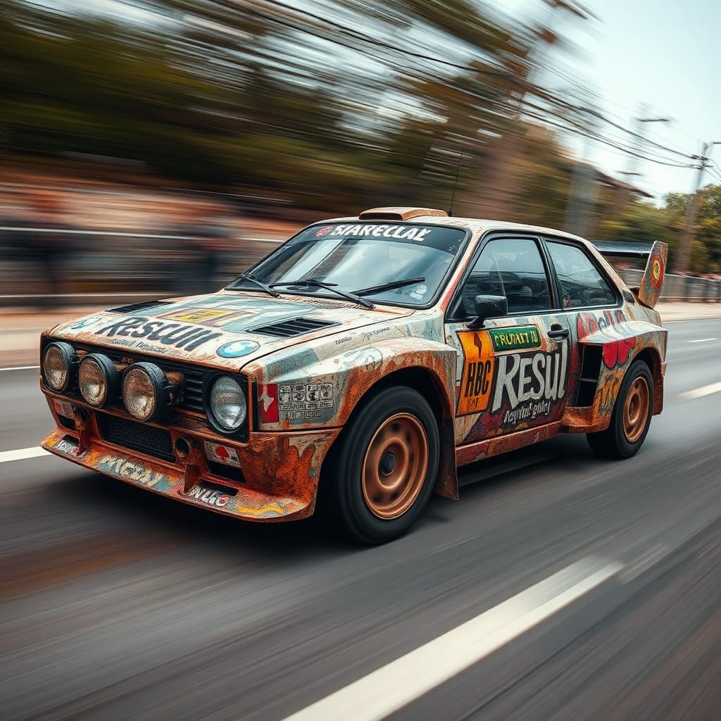 Rally car wrapped in "downbeat & downtrodden" artwork