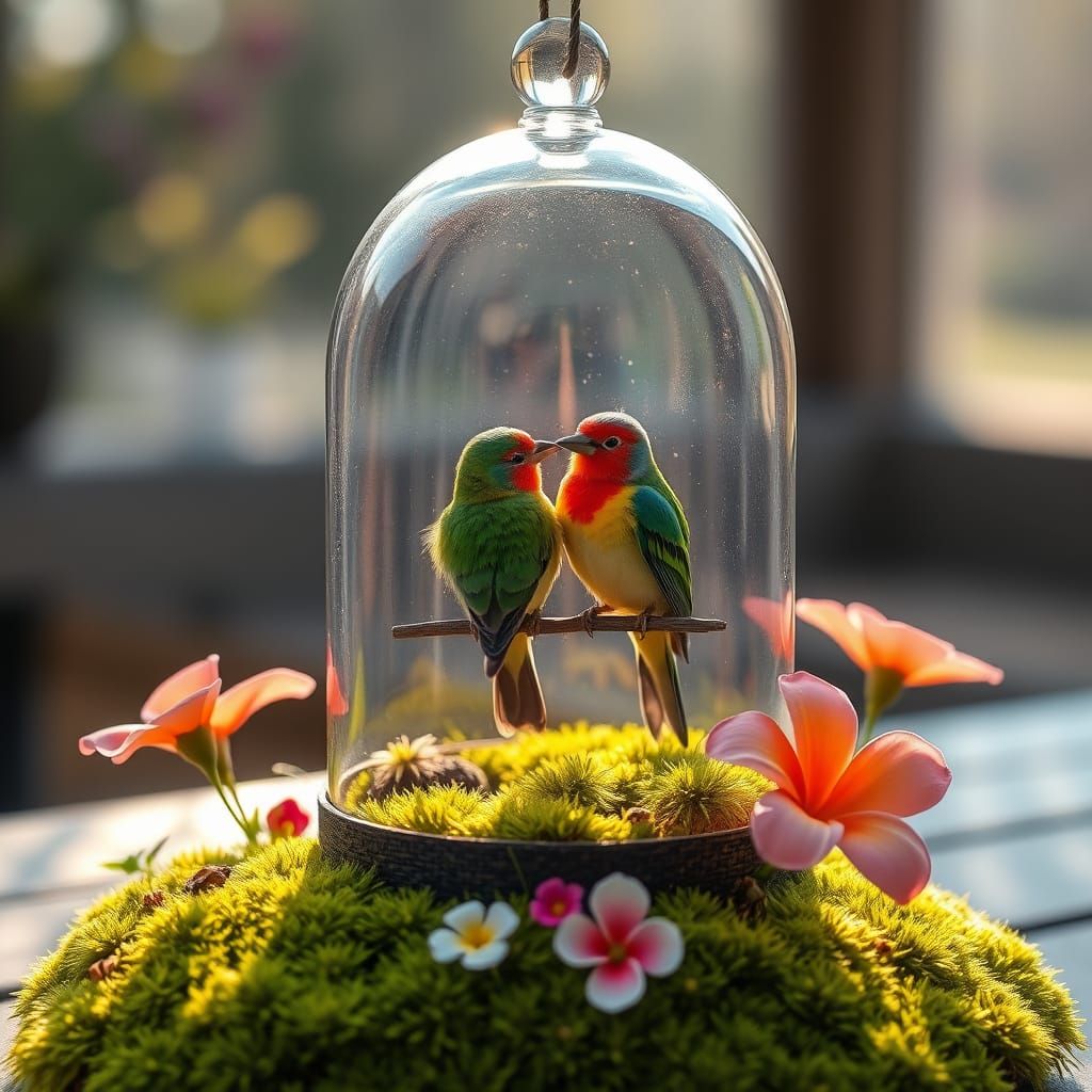 Glass Birdhouse with Colorful Birds and Flowers