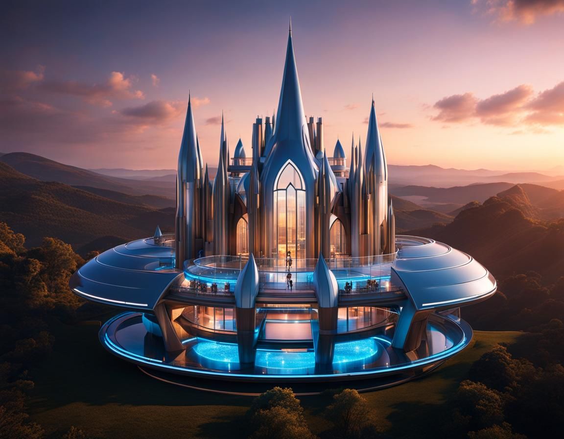Futuristic Castle at Magic Hour with LED Lights