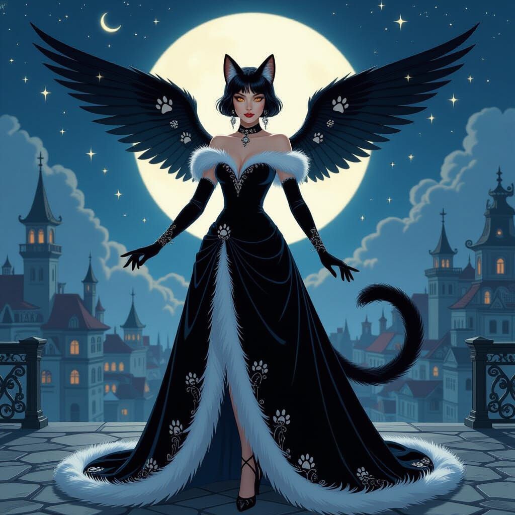 Cat Princess in Moonlit Landscape, Art Nouveau Style
