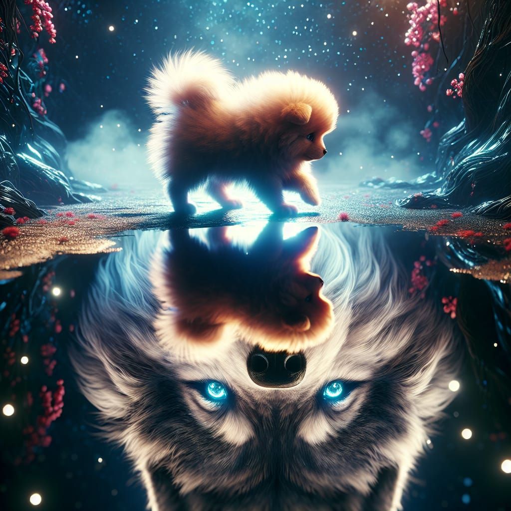 Puppy's Wolf Reflection: Fantasy Digital Art