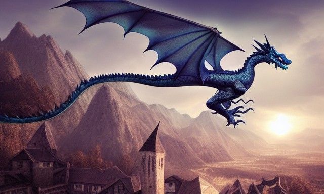 Realistic Blue Dragon Flying Above Village