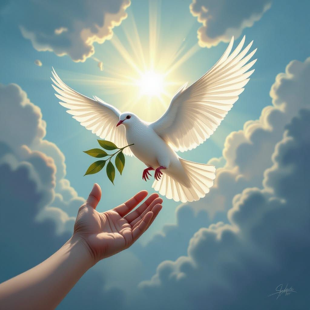 White Dove with Olive Branch Flies From Divine Hand