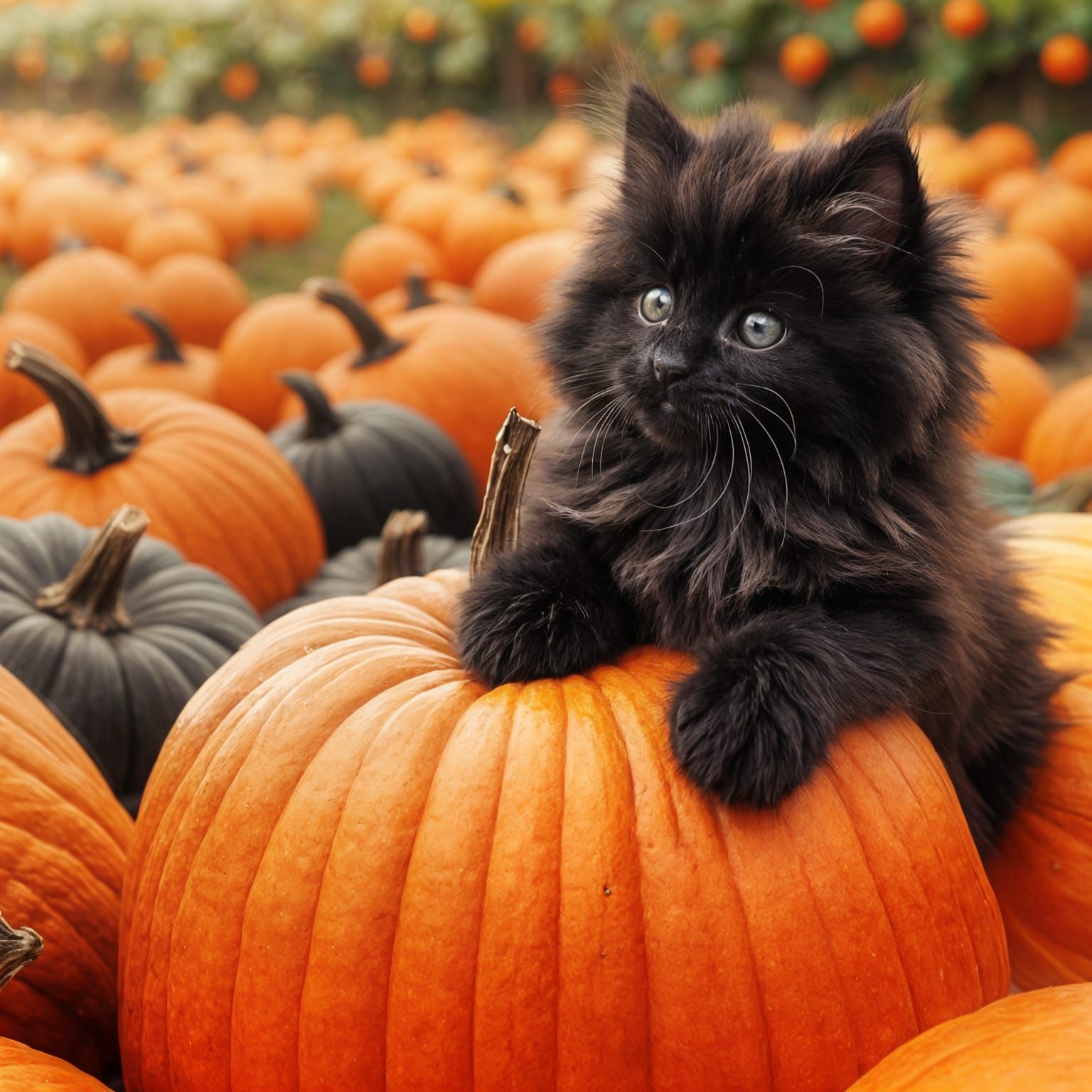 Fluffy Black Kitten on Orange Pumpkin