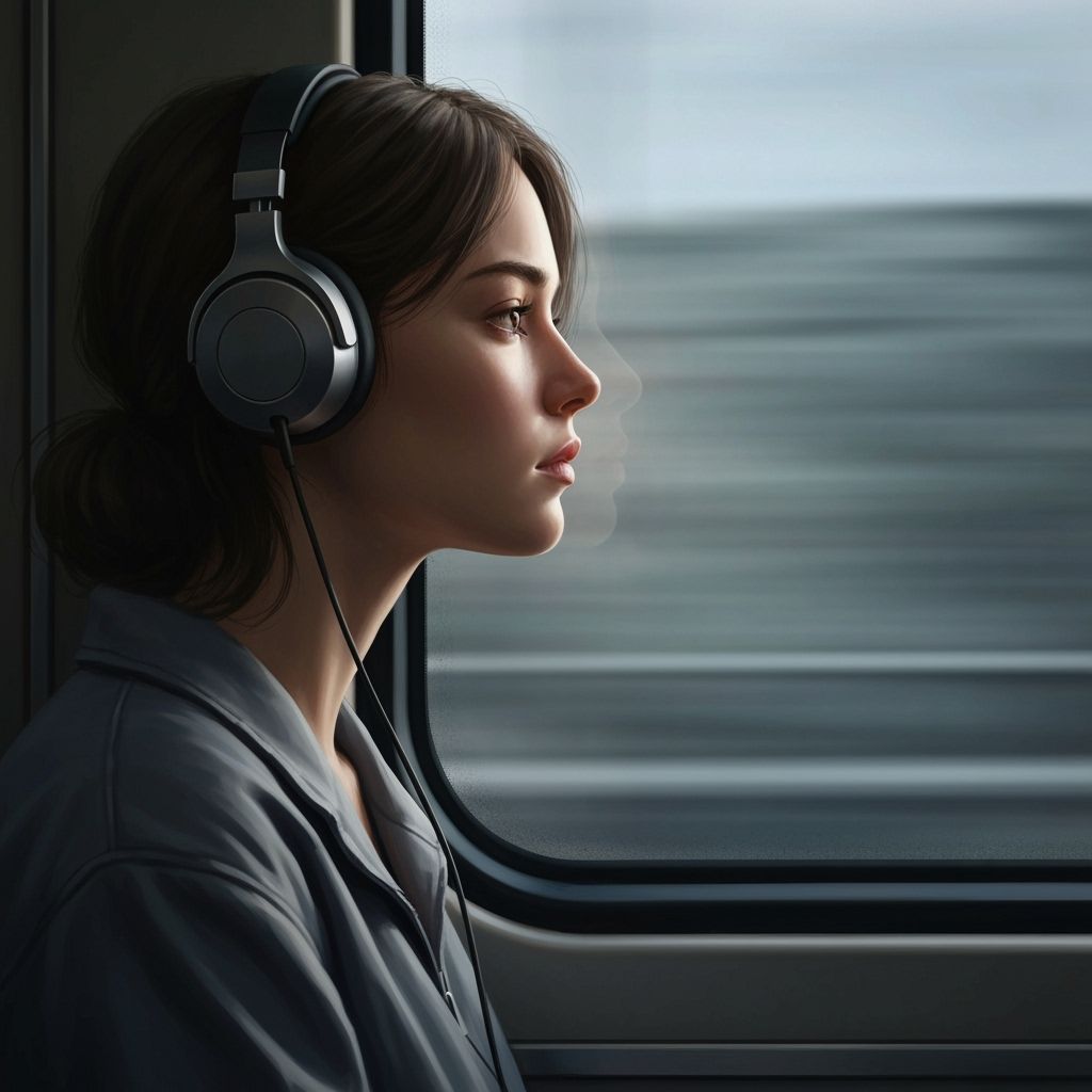 Young Woman in Trance on Train, Cinematic Concept Art