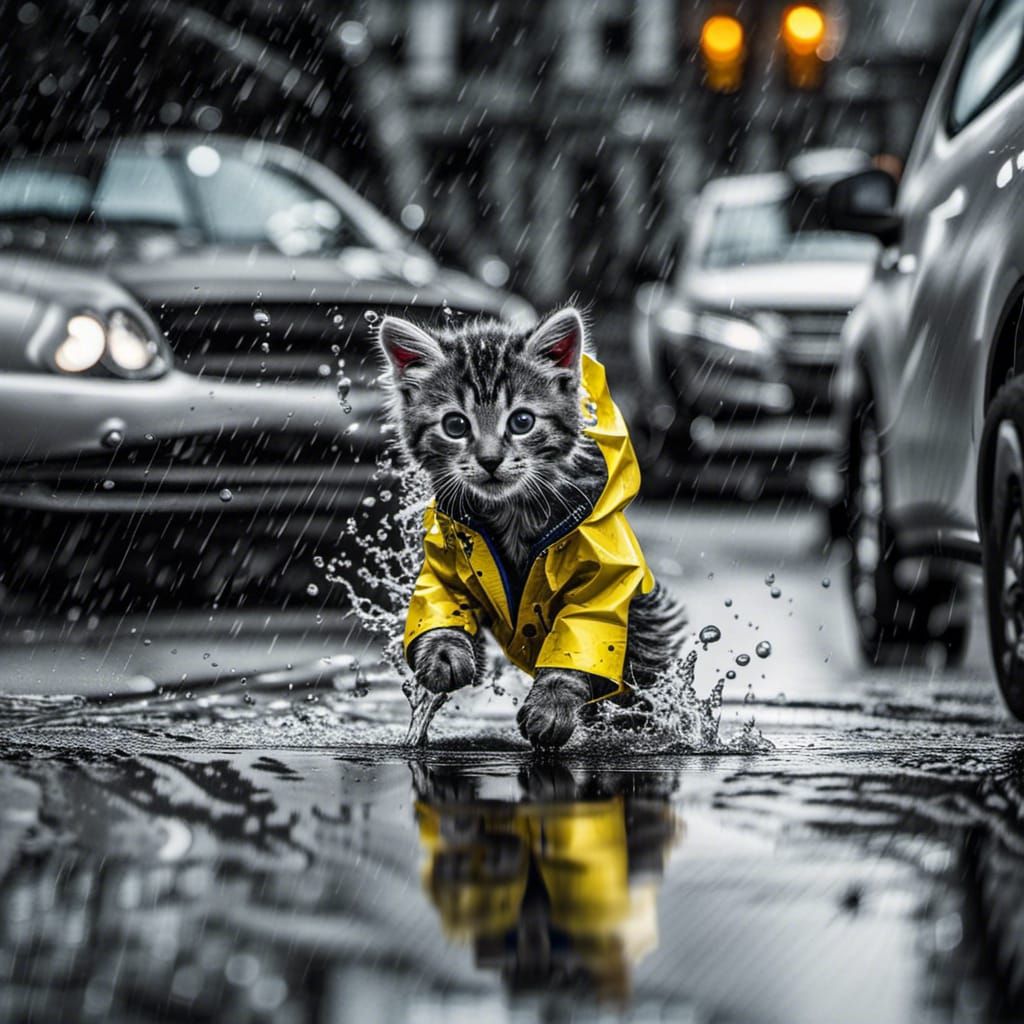 Kitten in Yellow Raincoat Splash Art