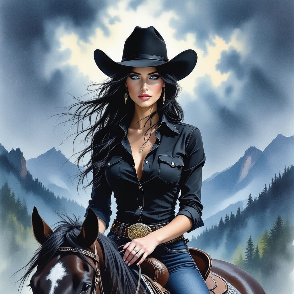 Dark Watercolor of a Woman Riding a Horse in Mountains