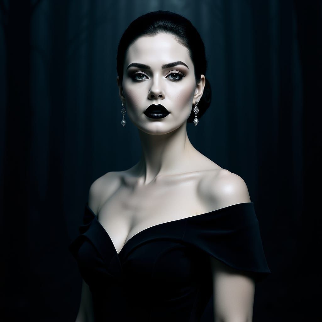 Woman with Black Lips in Foggy Night, Photorealistic