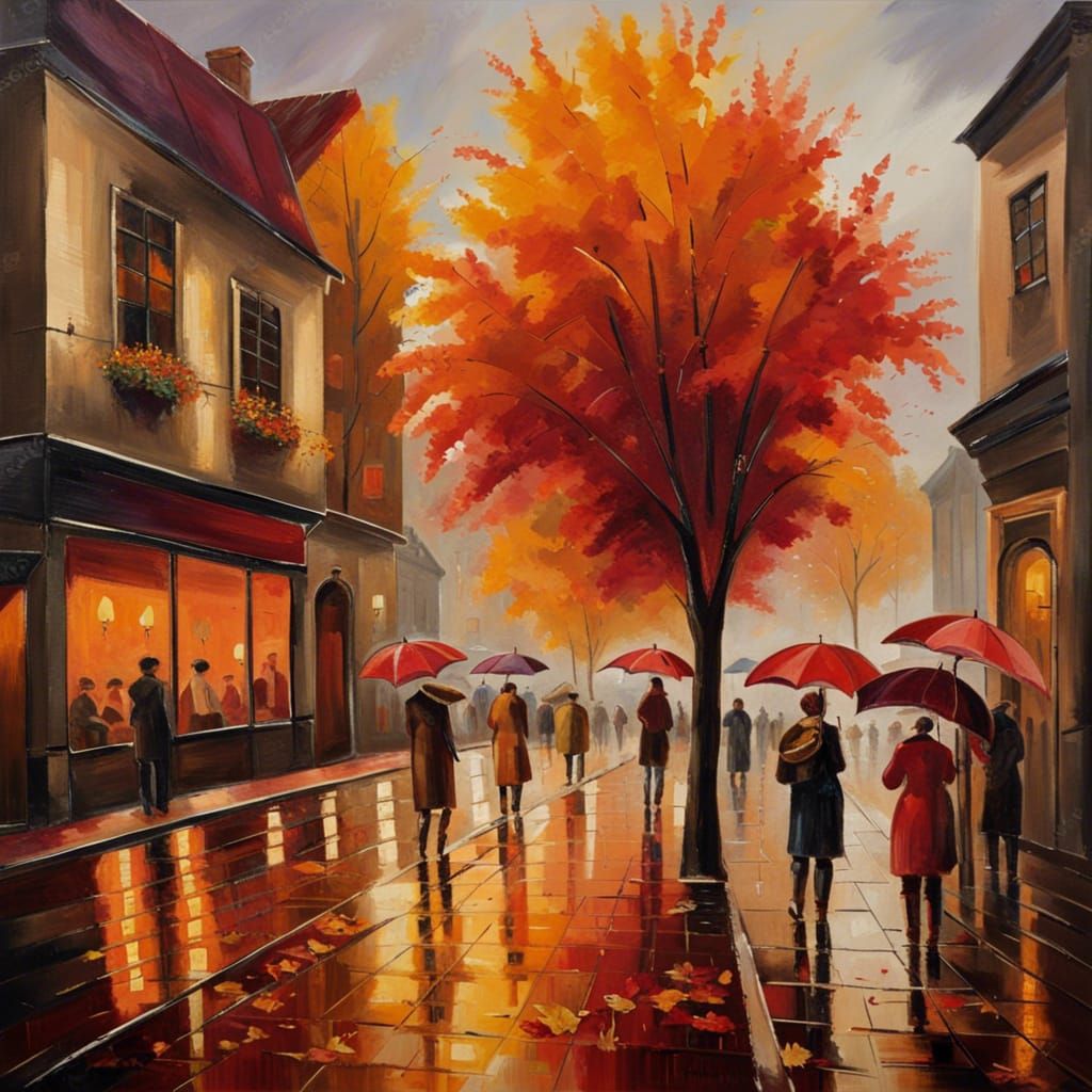 Rainy Autumn Street Scene as Oil Painting