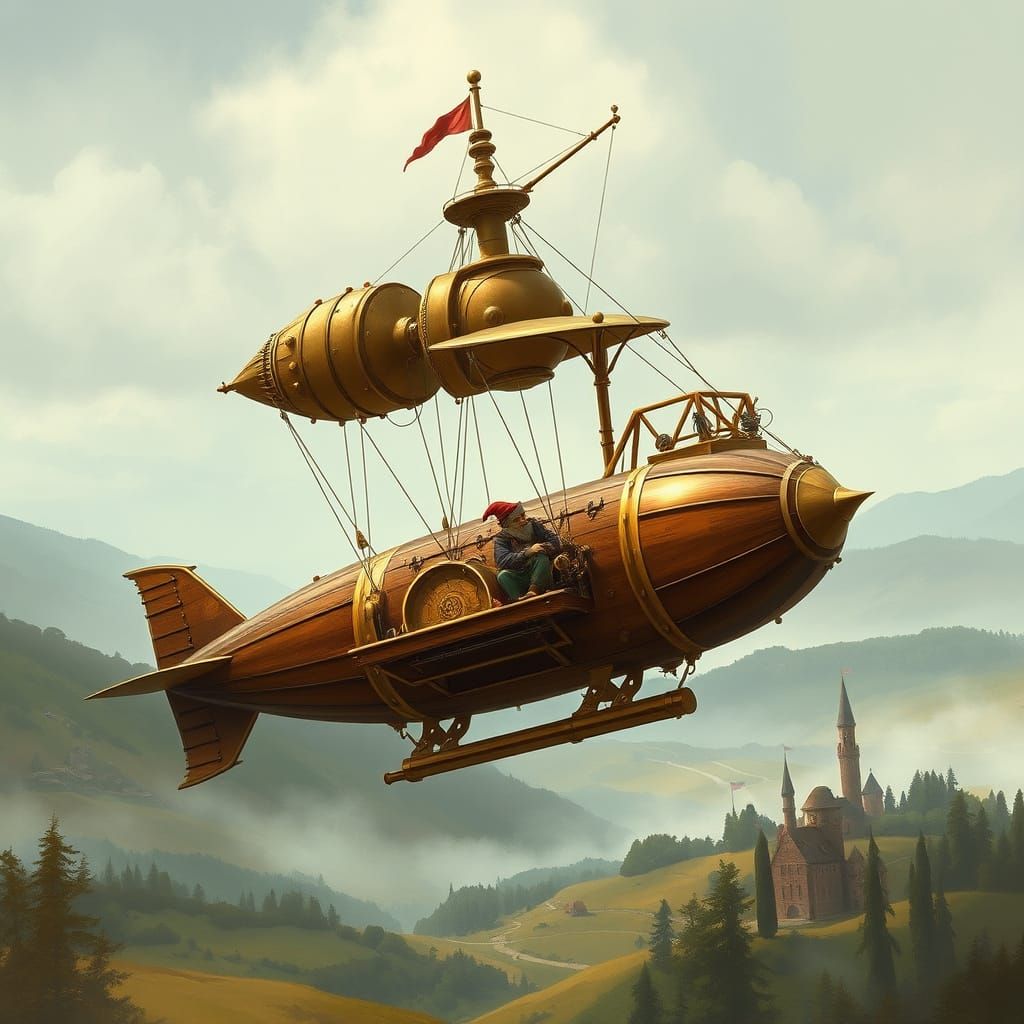 Steampunk Airship Over Impressionist Landscape